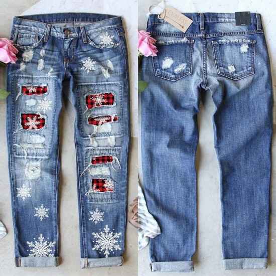 2025 European and American cross-border straight jeans for women, Christmas snowflake print patchwork ripped denim pants in stock