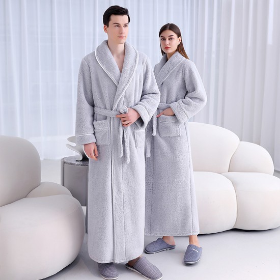 Extra-long nightgown set, autumn/winter, thickened coral fleece with pants, men's, plus-size, plush, plush, women's nightgown.