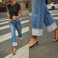 Amazon cross-border 2025 spring and summer new stretch straight jeans for women, quality retro high-waisted trousers with cuffs