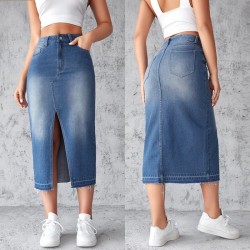 In-Stock Factory Direct European and American Cross-Border Blue Denim Skirts for Women, Slit, Hip-Wrapping, A-Line, Slimming Long Skirts