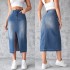 In-Stock Factory Direct European and American Cross-Border Blue Denim Skirts for Women, Slit, Hip-Wrapping, A-Line, Slimming Long Skirts