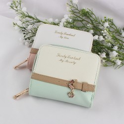 Lianbu Korean-style short women's wallet, a fresh, two-fold, zippered, solid-color PU, student wallet.