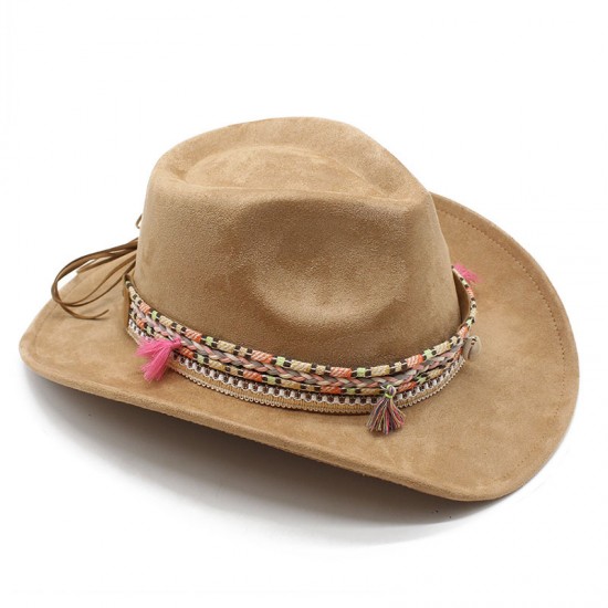 Bohemian European and American style suede western cowboy hat, rolled brim, Tibetan-style jazz hat for ethnic minorities