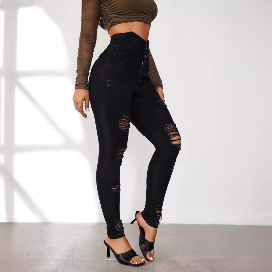 2025 New European and American Cross-Border Super High-Waisted Ripped Jeans: Tight-Leg Slimming Skinny Pants for Women