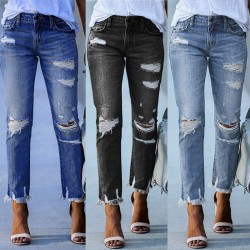 Factory direct sales: 2025 new washed ripped tassel women's jeans, European and American slim-fit stretch skinny jeans, wholesale