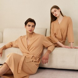 Summer thin absorbent waffle bathrobe for women, simple and sexy mid-length summer robe for men, breathable bath towel pajamas