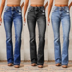 Amazon European and American cross-border vintage ripped jeans for women, 2025 spring new washed streetwear flared trousers.
