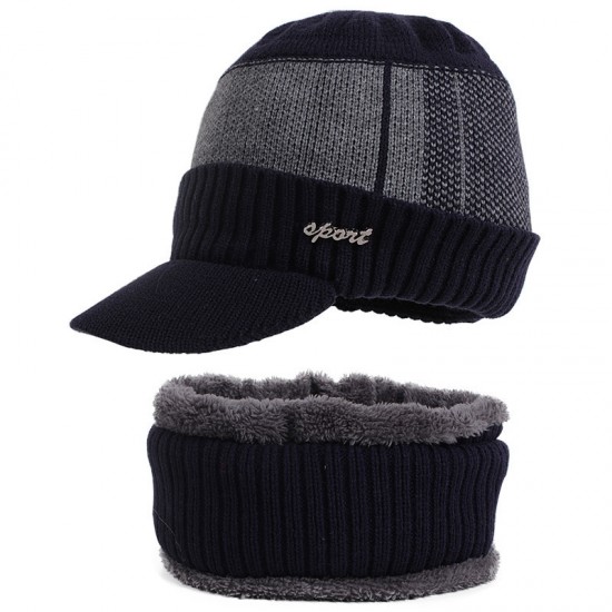 New copper label hat and scarf set, two-piece men's knitted hat, scarf with added fleece, autumn and winter warm wool hat.
