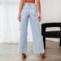 2025 European and American Knee-Ripped Jeans for Women, High-Waisted, Long, Wide-Leg, Light-Washed Casual Pants