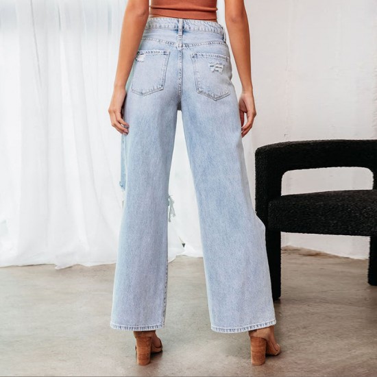 2025 European and American Knee-Ripped Jeans for Women, High-Waisted, Long, Wide-Leg, Light-Washed Casual Pants