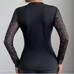 European and American, cross-border, elegant, long-sleeved, transparent mesh, patchwork, T-shirt. Slim-fitting, hollow, see-through, long-sleeved top.
