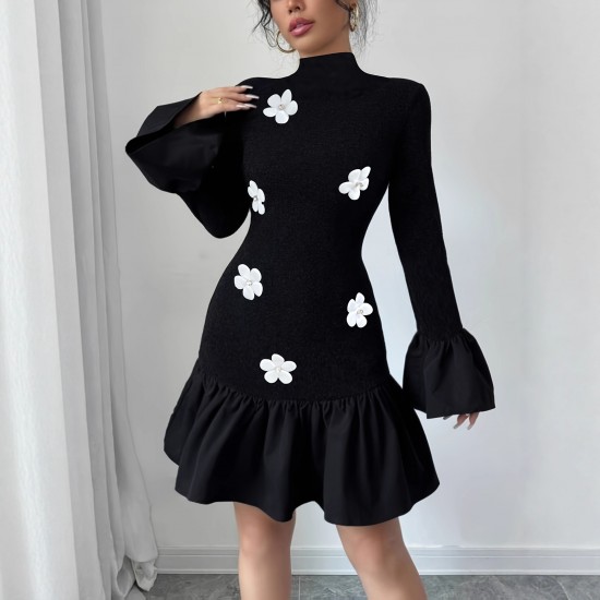 New Autumn and Winter 2025 Elegant Slim Fit Miniskirt: Fashionable Elegant Bell Sleeve, Floral Half-High Neck Spliced Dress for Women New Autumn and Winter 2025 Elegant Slim Fit Miniskirt: Fashionable Elegant Bell Sleeve, Floral Half-High Neck Spliced Dress for Women