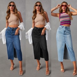 Amazon cross-border 2025 new slit denim skirt for women, high-waisted, washed American-style A-line midi skirt