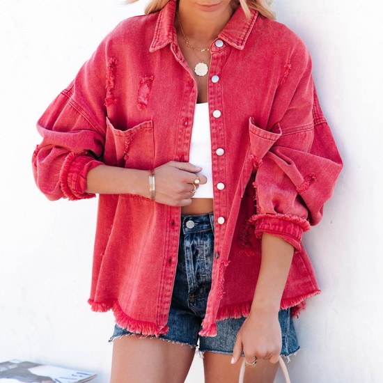 Factory direct sales of 2025 new cross-border European and American lapel, long-sleeved, retro, street style, ripped, raw-edge denim jacket for women.