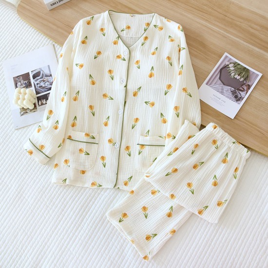 Women's padded pajamas, V-neck pure cotton double-layer gauze long sleeves, thin spring and summer loungewear two-piece set.