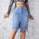 2025 Summer European and American Denim Skirt for Women, Washed Irregular Ripped Fringed Midi Skirt, High-Waisted Distressed