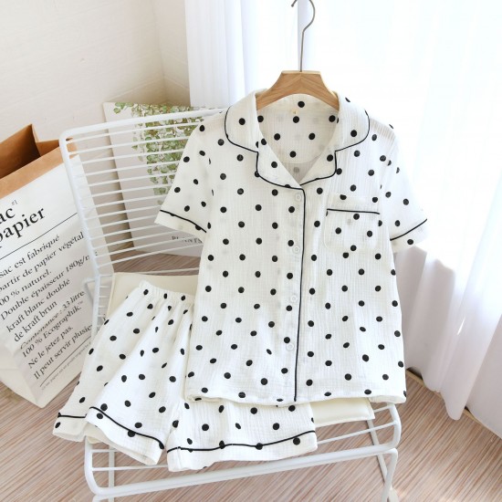 Women's summer pajamas, plus-size, pure cotton, double-layered gauze shorts, polka-dot, loose loungewear two-piece set Women's summer pajamas, plus-size, pure cotton, double-layered gauze shorts, polka-dot, loose loungewear two-piece set