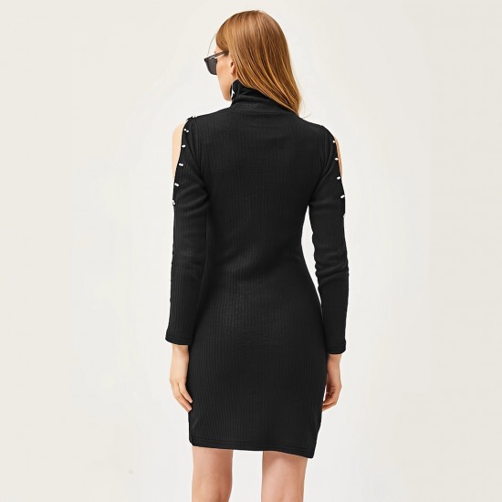 New European and American women's clothing for autumn and winter. Popular and fashionable, sexy, V-neck, beaded, hip-hugging, long-sleeved knitted dress for women.