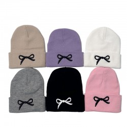 New cross-border knitted hats for women, fashionable and versatile, autumn and winter, Korean-style outdoor bow embroidered wool hats.
