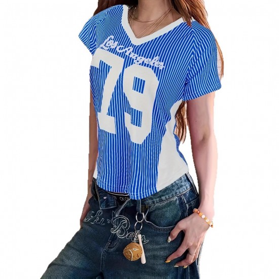V-Neck Sportswear Short-Sleeved T-Shirt for Women, 2025 Spring/Summer New American-Style Lettering Loose-Fit, Slimming Printed Top for Women