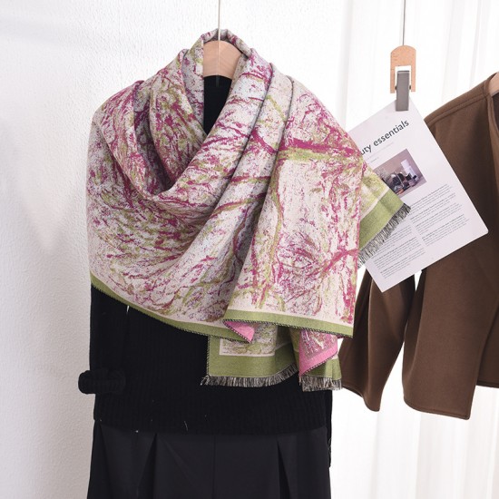 Korean style, a stylish, rural landscape tree print scarf for women, a long, warm, high-end faux cashmere shawl.