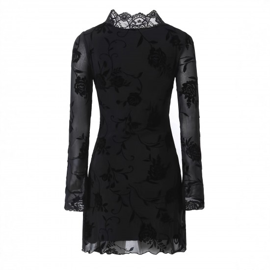 Sexy Summer and Autumn Mesh Dress for Women: European and American Style V-Neck, High-End Slim Fit Lace Long Sleeve Miniskirt