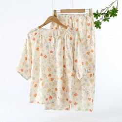 Women's pajamas, pure cotton double-layer gauze, round-neck, long-sleeved, spring and summer thin cotton floral crepe loungewear set