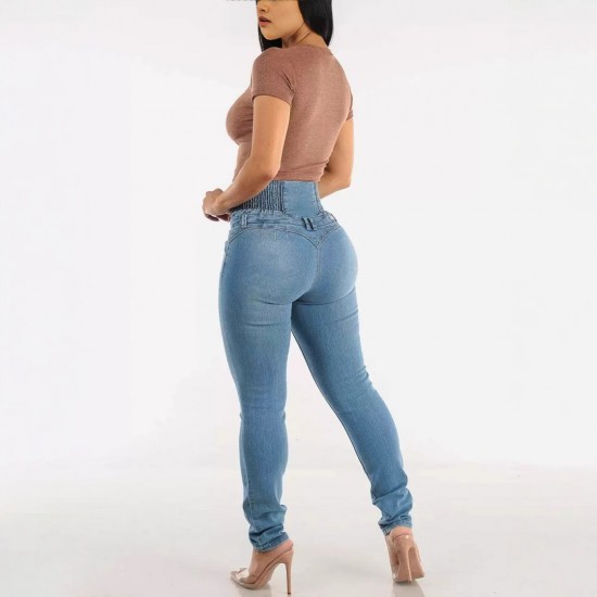 2025 new cross-border European and American style stretch slim-fit jeans for women, button-down, pencil-cut High-waisted, hip-lifting trousers
