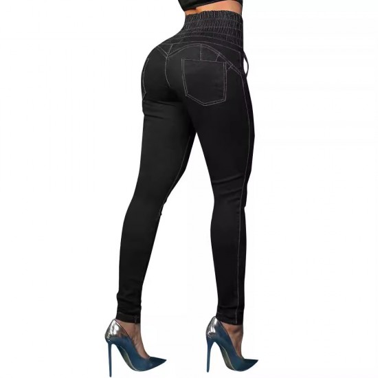 Factory direct cross-border 2025 new strappy slim-fit skinny jeans for women, high-waisted, slimming, hip-lifting trousers in stock