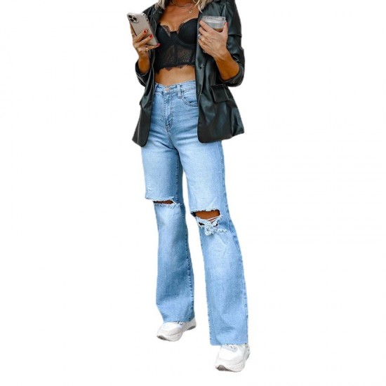 Factory Direct 2025 Independent European and American Women's Jeans: Ripped Slimming Raw-Edged Straight-Leg Wide-Leg Pants: In Stock