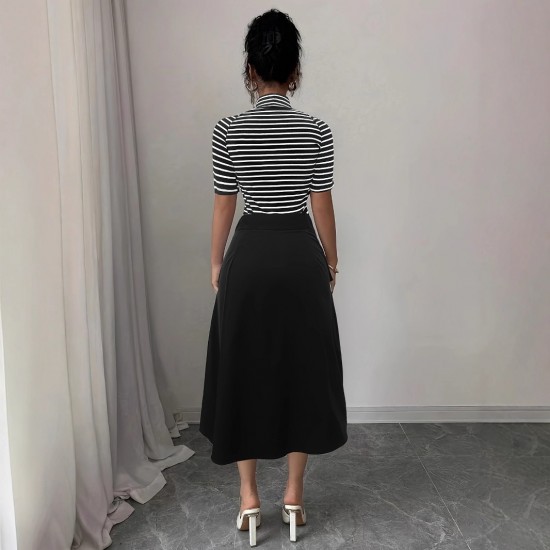 Striped contrasting turtleneck midi skirts for women, elegant slimming and flattering two-piece commuter suits.