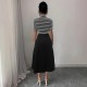 Striped contrasting turtleneck midi skirts for women, elegant slimming and flattering two-piece commuter suits.