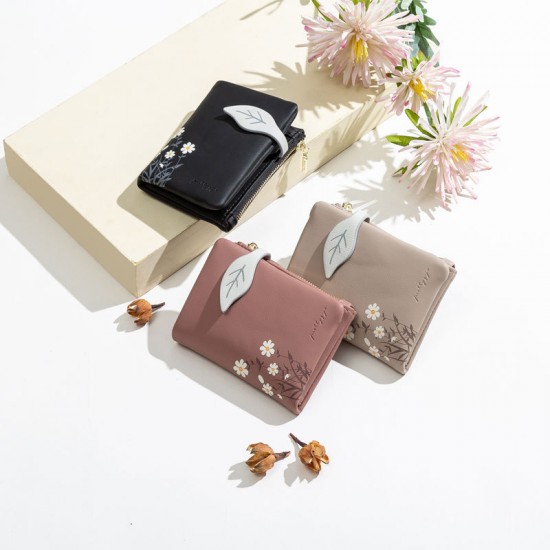 Pruti's new women's short wallet, Korean print, zipper, leaf clasp, student wallet with large capacity