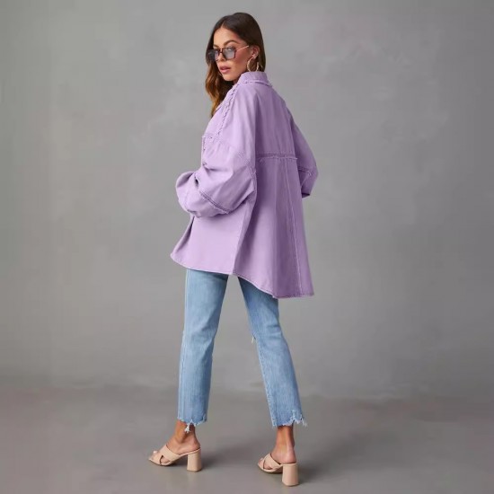 Cross-border foreign trade casual long-sleeved denim jacket, 2025 autumn new washed solid color midi jacket Cross-border foreign trade casual long-sleeved denim jacket, 2025 autumn new washed solid color midi jacket
