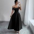 European and American women's high-end maxi dress, 2025 summer new high-waisted, elegant, off-the-shoulder, elegant, bubble-beaded dress.