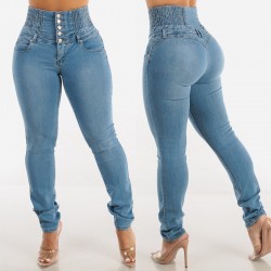 European and American cross-border stretch high-waisted button-down jeans for women, 2025 spring, slimming, hip-lifting skinny jeans