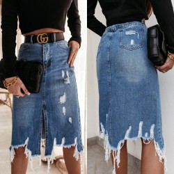 2025 Summer European and American Denim Skirt for Women, Washed Irregular Ripped Fringed Midi Skirt, High-Waisted Distressed
