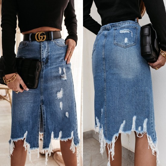 2025 Summer European and American Denim Skirt for Women, Washed Irregular Ripped Fringed Midi Skirt, High-Waisted Distressed