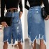 2025 Summer European and American Denim Skirt for Women, Washed Irregular Ripped Fringed Midi Skirt, High-Waisted Distressed
