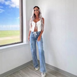 Factory direct sales of 2025 new straight-leg jeans for women, American casual, lace-up, multi-pocket functional work pants, in stock.