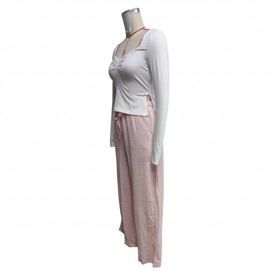 Women's suit: New solid color square-neck, long-sleeved, gathered, side-slit top, T-shirt, women's casual two-piece trousers.