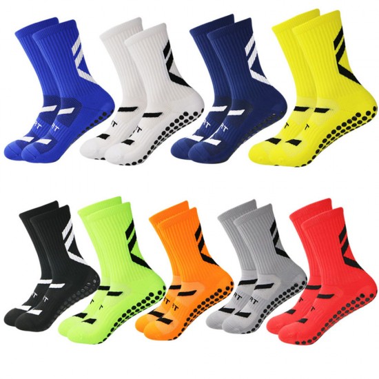 Non-slip men's soccer socks, youth and boys' sports traction crew neck socks in black, white, and blue, high quality.