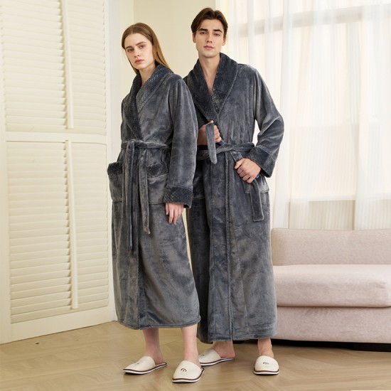 320g thickened flannel nightgown with back print for autumn and winter, men's, European-sized, long coral fleece bathrobe for women, luxurious feel.