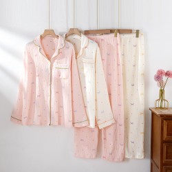 Spring and summer women's nightgown, pure cotton gauze three-quarter sleeves, thin loungewear, mid-length, short-sleeved, loose nightgown.