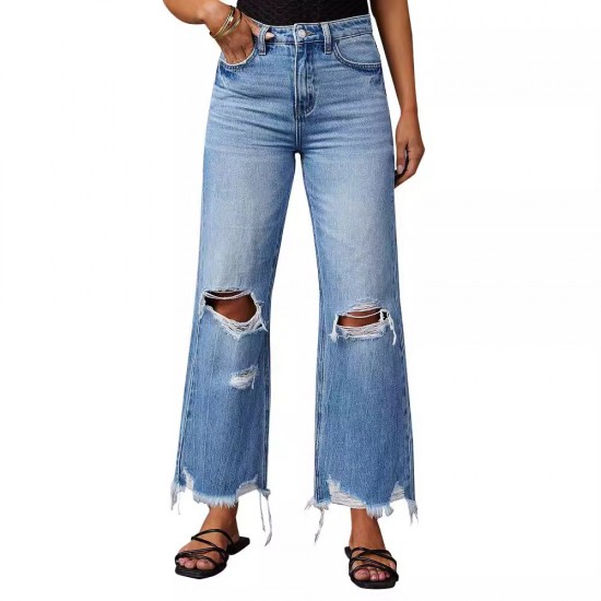 2025 cross-border new wide-leg pants, tasseled, washed, tie-dyed, ripped high-waisted jeans, straight-leg casual trousers for women.