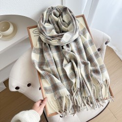 Gentle, luxurious plaid scarf for women in autumn and winter, with a dry rose pink faux cashmere tassel, wholesale.