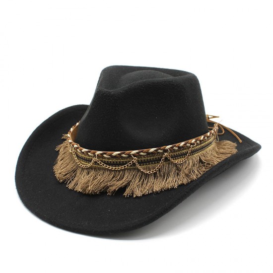 Cross-border retro ethnic-style tassel felt hat, jazz flat-brimmed hat for men and women, British woolen hat
