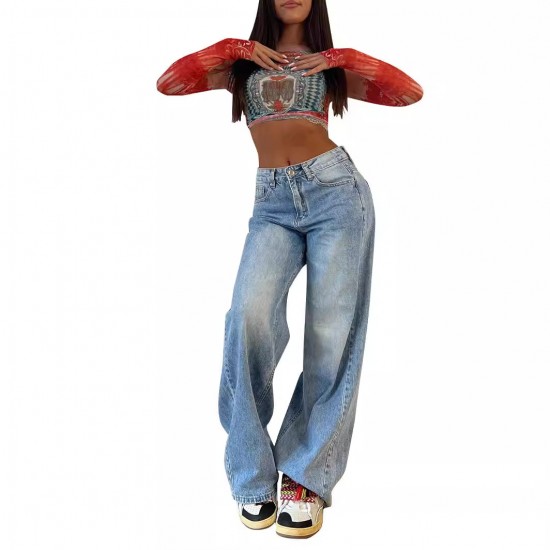 2025 new European and American cross-border retro American-style long wide-leg pants, hot girl loose jeans, high-waist straight-leg pants