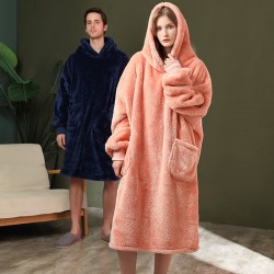 Autumn/Winter Plus Size Flannel Couple's Nightgown, Women's Winter Extra-Long Coral Fleece Bathrobe, Men's European Size Loungewear