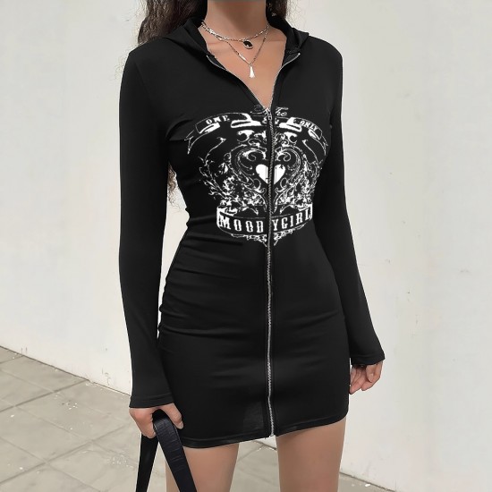 European and American Black, Elegant Commuter Lettering Long-Sleeved Bottoming Shirt with Zippered Hood and Niche Zippered Sweater Dress
